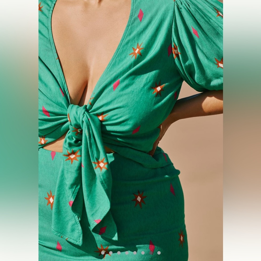 Anthropologie Green Midi Dress with Pink & White Motif - Picture 7 of 14